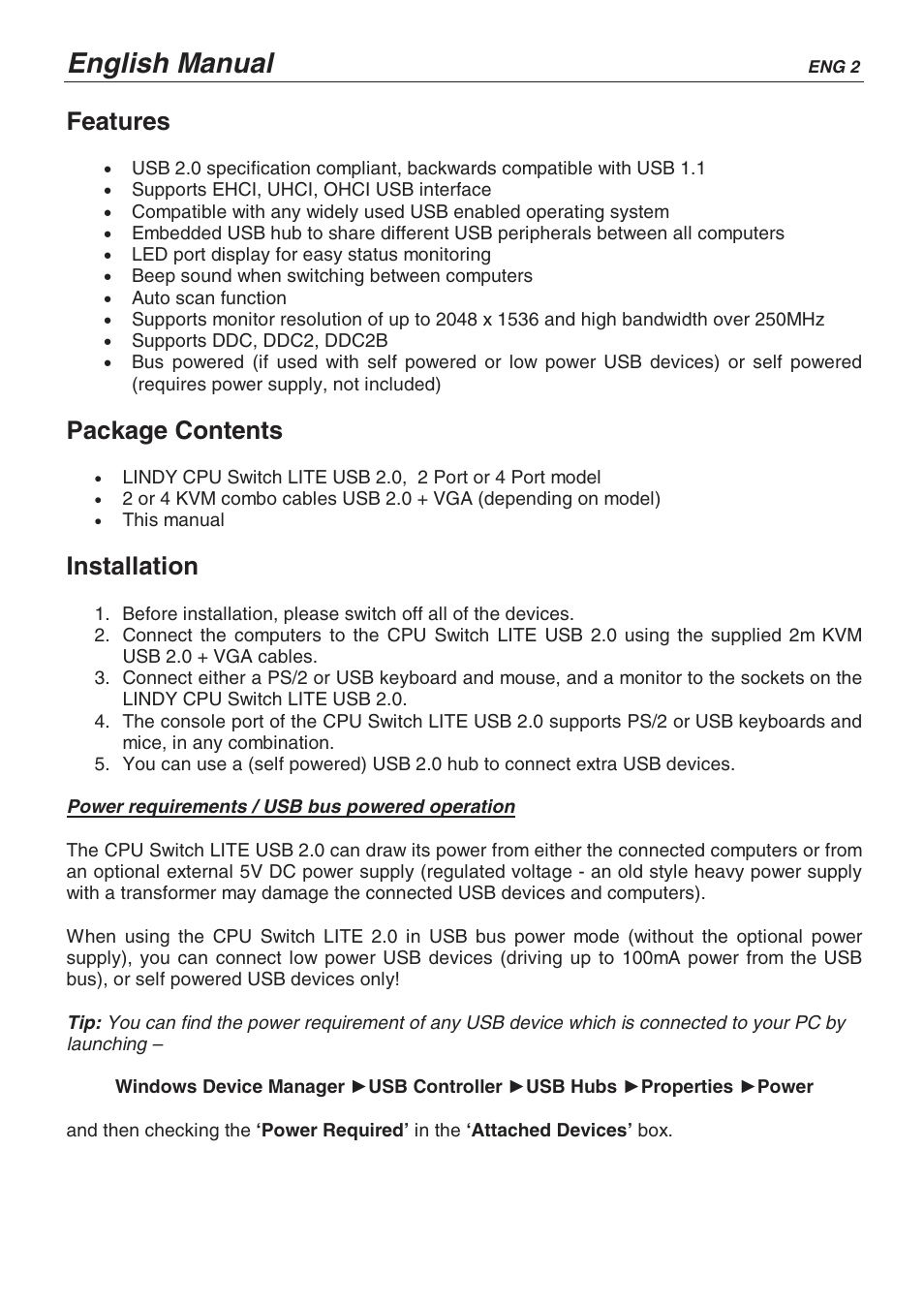 English manual, Features, Package contents | Installation | Lindy CPU SWITCH LITE 32825 User Manual | Page 6 / 32