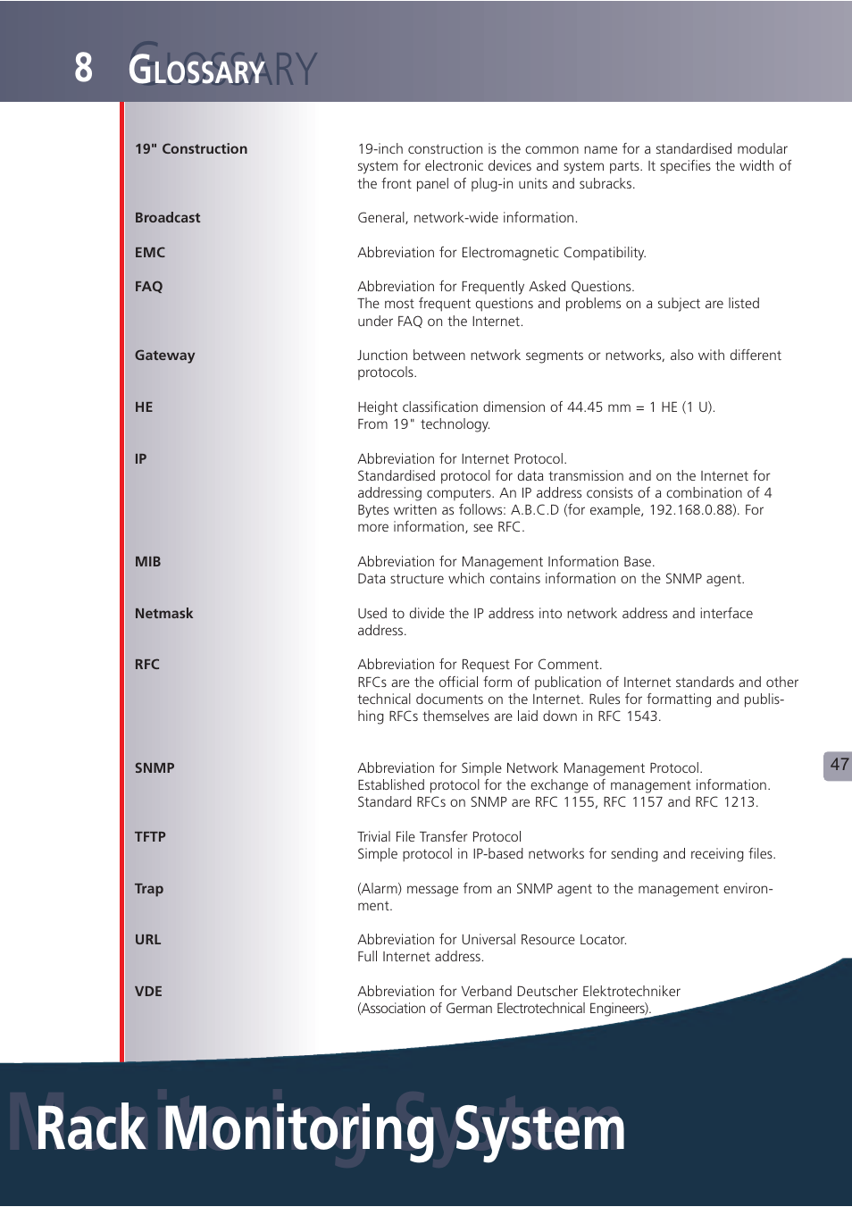 Monitoring system, Rack monitoring system, Lossary | Lindy Carbon Monoxide Alarm User Manual | Page 47 / 60