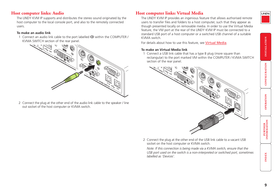 Host computer links: audio, Host computer links: virtual media, Audio | Virtual media | Lindy Switch User Manual | Page 10 / 76