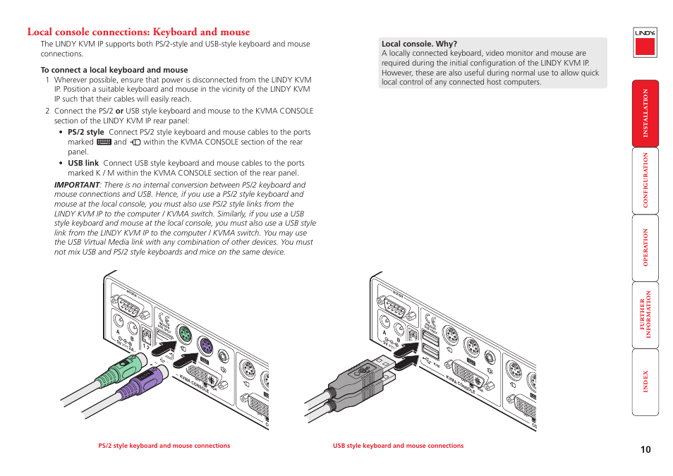 Local console connections: keyboard and mouse, Keyboard and mouse | Lindy Switch User Manual | Page 11 / 76