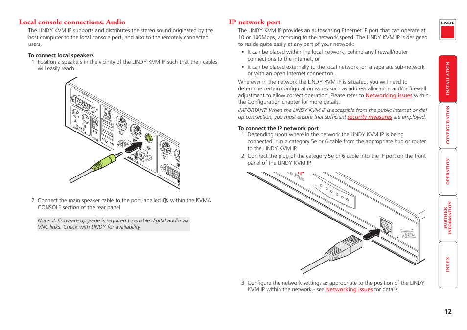 Local console connections: audio, Ip network port, Local console connections: audio ip network port | Audio | Lindy Switch User Manual | Page 13 / 76