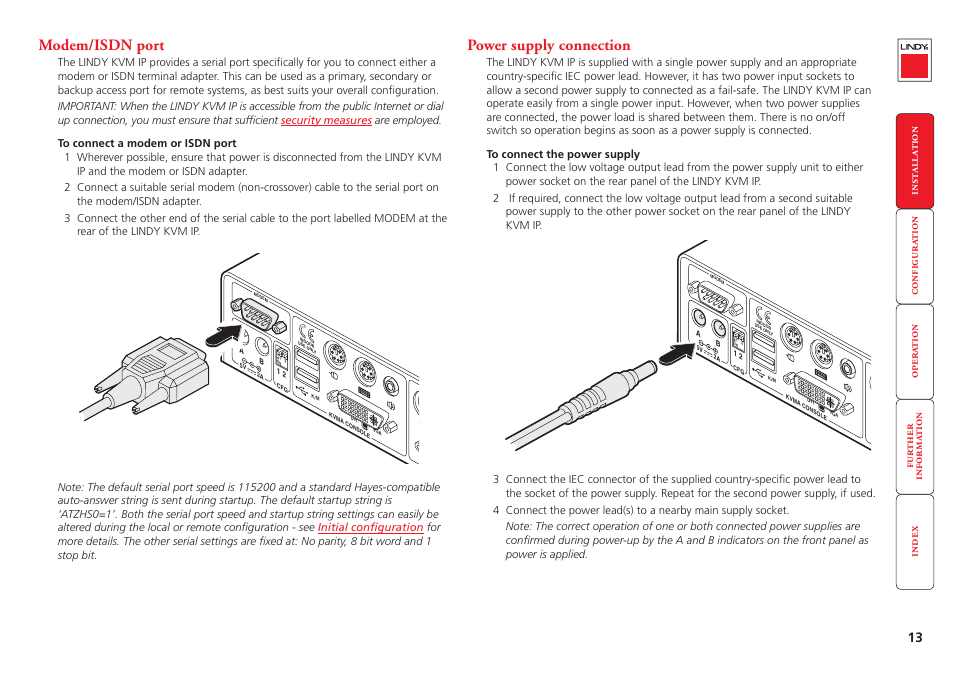 Modem/isdn port, Power supply connection, Modem/isdn port power supply connection | Power input(s) | Lindy Switch User Manual | Page 14 / 76