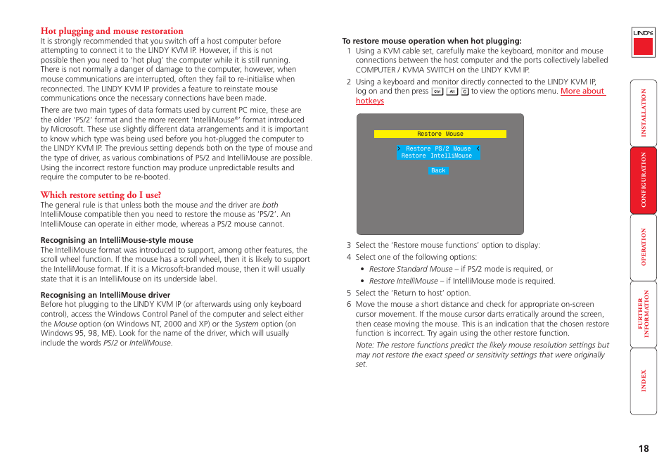 Hot plugging and mouse restoration, Section for, Hot plugging | And mouse restoration | Lindy Switch User Manual | Page 19 / 76