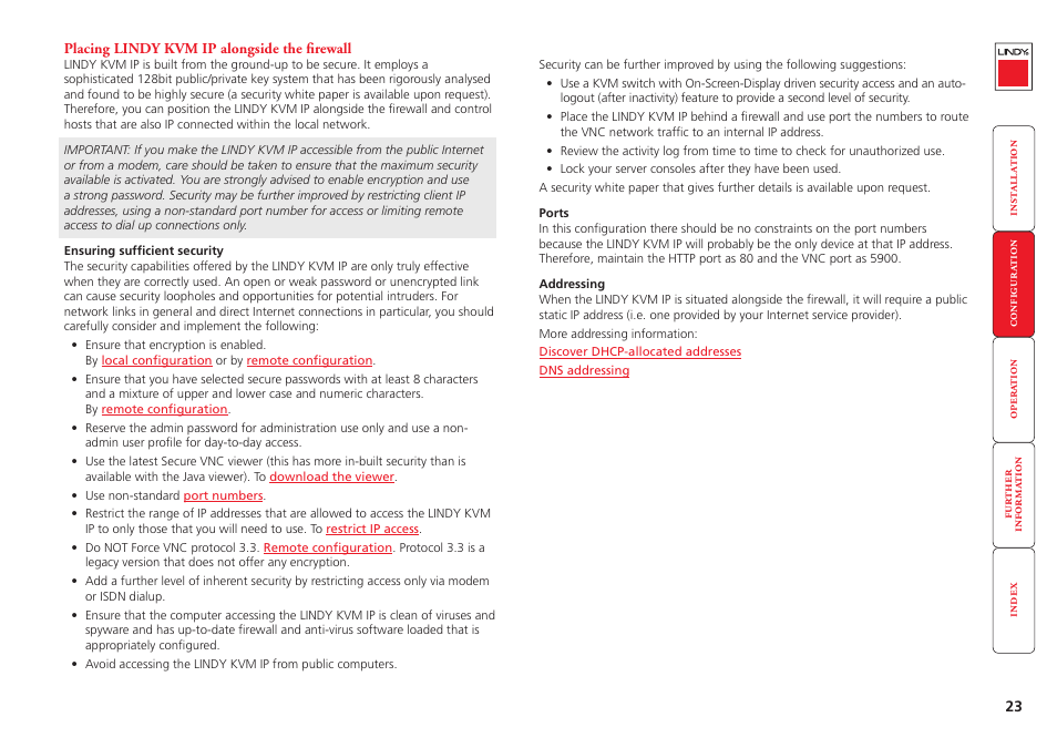 Placing lindy kvm ip alongside the firewall, Security measures | Lindy Switch User Manual | Page 24 / 76