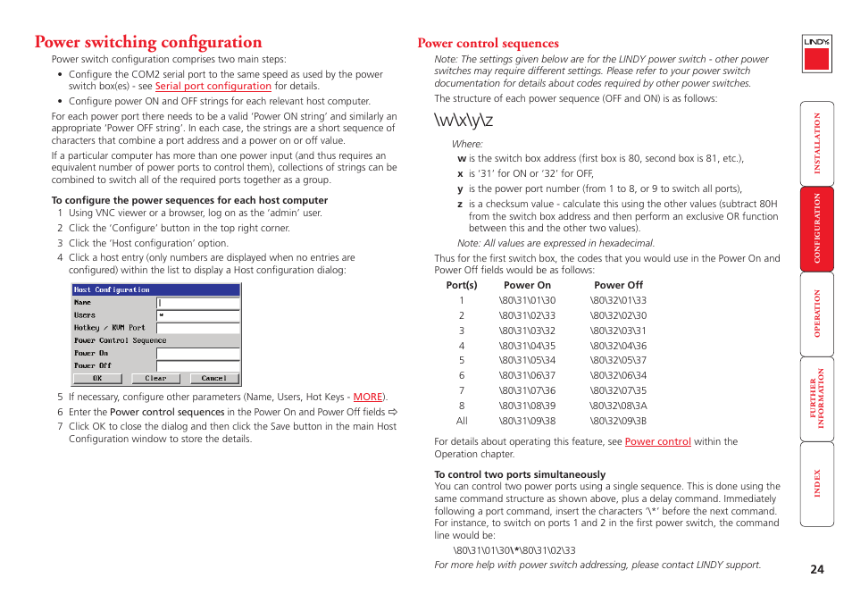 Power switching configuration, Configure the power strings, Power switching | Configuration, Section within the configuration chapter, W\x\y\z, Power control sequences | Lindy Switch User Manual | Page 25 / 76