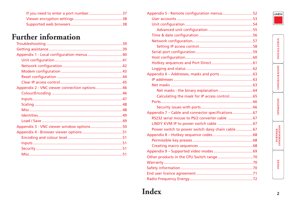 Further information, Index | Lindy Switch User Manual | Page 3 / 76