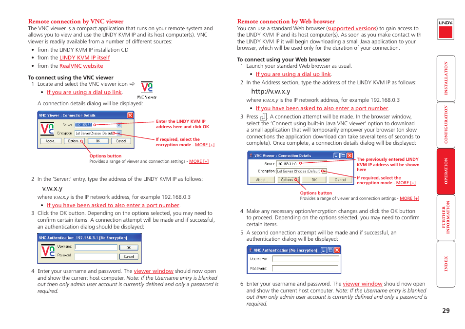 Remote connection by vnc viewer, Remote connection by web browser, Remote connection | Log on as the admin user and access the, Viewer, Network, Link, Browser | Lindy Switch User Manual | Page 30 / 76