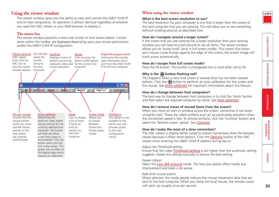 Using the viewer window, The menu bar, When using the viewer window | The menu bar when using the viewer window, Viewer window, Should now open | Lindy Switch User Manual | Page 31 / 76