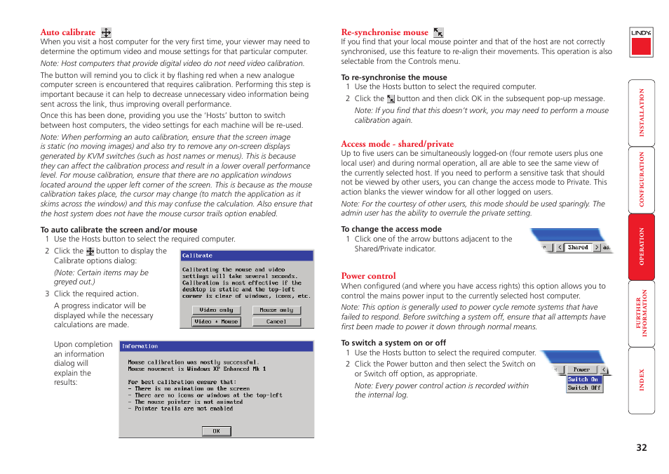 Auto calibrate, Re-synchronise mouse, Access mode - shared/private | Power control, Access mode - shared/private power control, Operate remote power switching, For important information about this featur, Re-sync mouse, Access mode, Power | Lindy Switch User Manual | Page 33 / 76
