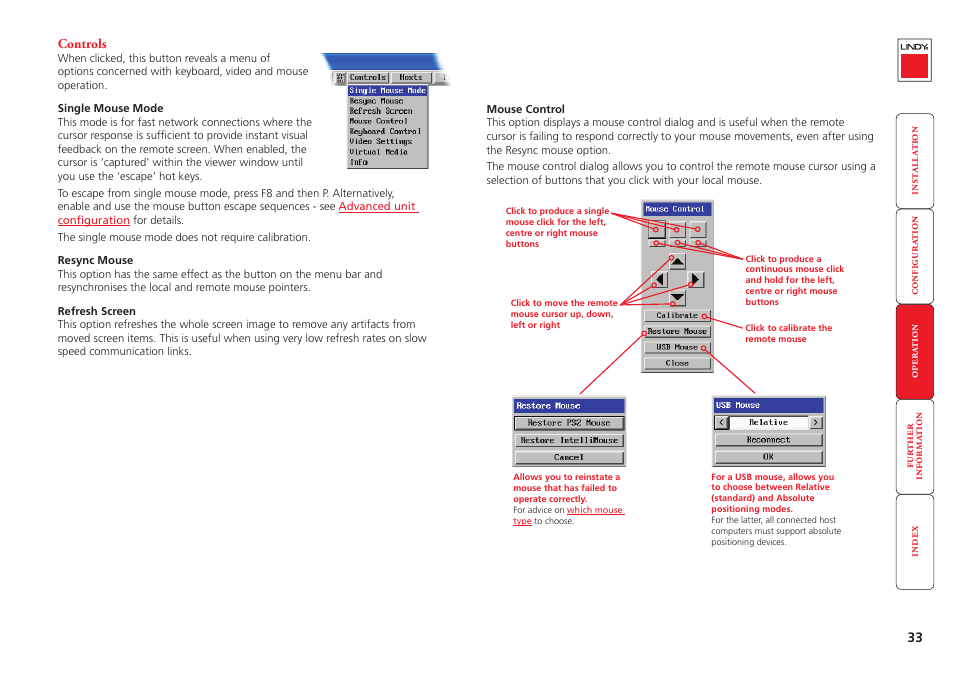 Controls, Een’ option. see, Controls - single mouse | Lindy Switch User Manual | Page 34 / 76