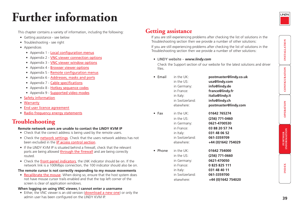 Further information, Troubleshooting, Getting assistance | Troubleshooting getting assistance, Computer / kvma switch | Lindy Switch User Manual | Page 40 / 76