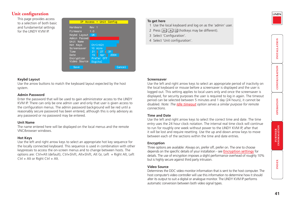 Unit configuration, More about hotkeys, More about | Hotkeys, Local configuration, Or by | Lindy Switch User Manual | Page 42 / 76