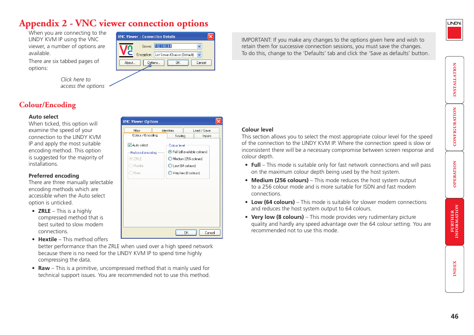 Appendix 2 - vnc viewer connection options, Colour/encoding, Ovides a range of viewer and connection settings | More, E options. click the, Options, Button of the vnc, Low (64 colours), Vnc viewer connection options | Lindy Switch User Manual | Page 47 / 76