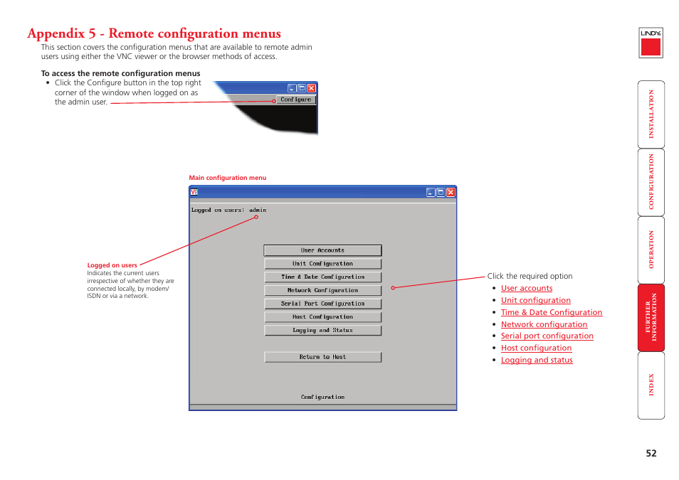 Appendix 5 - remote configuration menus, Appendix 5, Remote configuration menus | Configure | Lindy Switch User Manual | Page 53 / 76