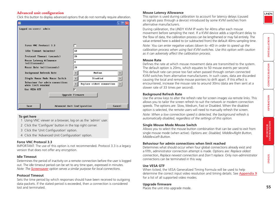 Advanced unit configuration, Remote configuration, Advanced unit | Configuration, Idle timeout, Option ser | Lindy Switch User Manual | Page 56 / 76