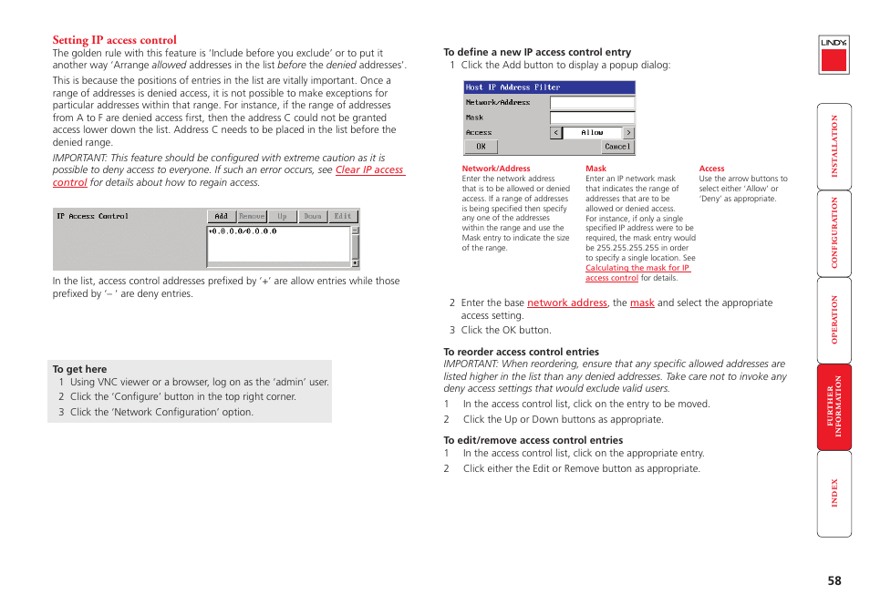 Setting ip access control, Restrict ip access, Ip access control section | Esses will be permitted. see | Lindy Switch User Manual | Page 59 / 76