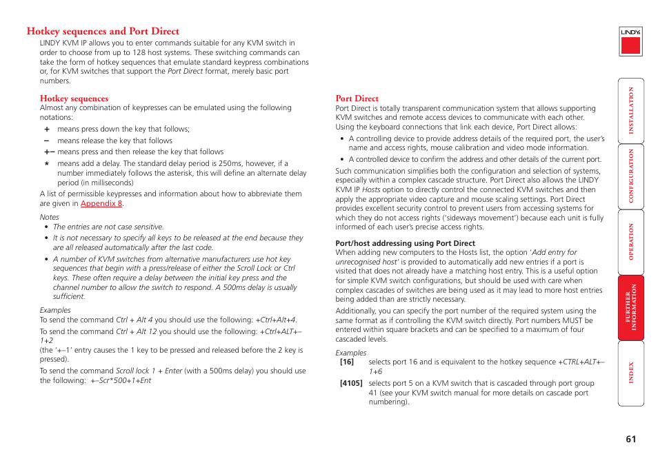 Hotkey sequences and port direct, E brackets. see, Hotkey sequences and | Port direct, For details | Lindy Switch User Manual | Page 62 / 76