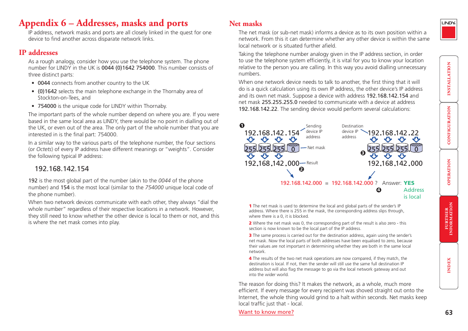 Appendix 6 – addresses, masks and ports, Ip addresses, Net masks | Ip addresses net masks, Addresses, masks and ports, Ip address, Also often called the, Subnet-mask, This value is used alongside the ip addr, Enter the base | Lindy Switch User Manual | Page 64 / 76