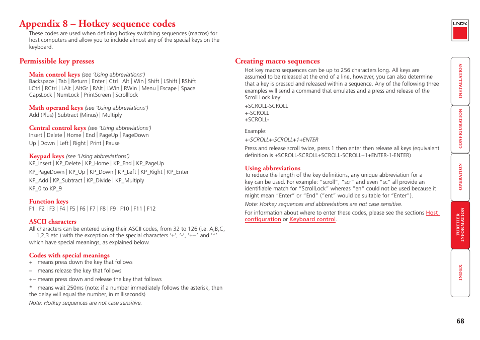 Appendix 8 – hotkey sequence codes, Permissible key presses, Creating macro sequences | Permissible key presses creating macro sequences, Appendix 8, Hotkey sequence codes, E given in | Lindy Switch User Manual | Page 69 / 76