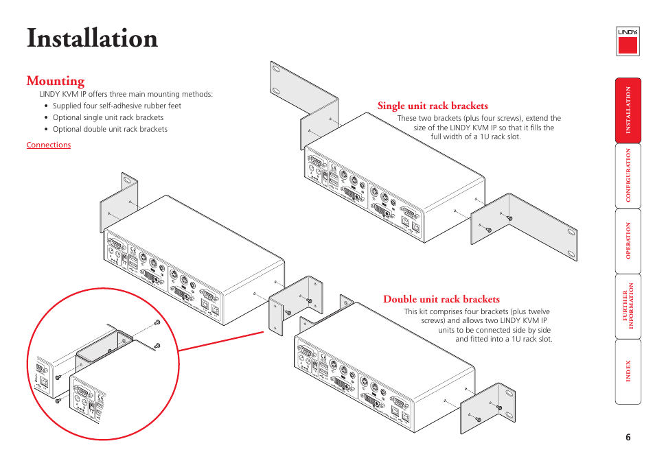 Installation, Mounting, Single unit rack brackets | Double unit rack brackets, 12 on | Lindy Switch User Manual | Page 7 / 76