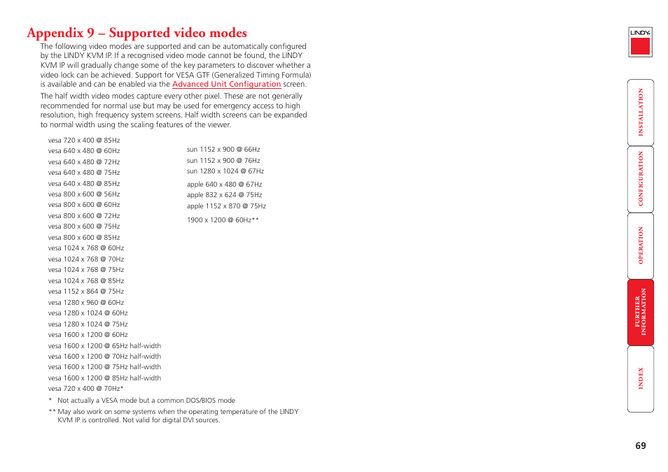 Appendix 9 – supported video modes, Supported video modes, Appendix 9 | Lindy Switch User Manual | Page 70 / 76