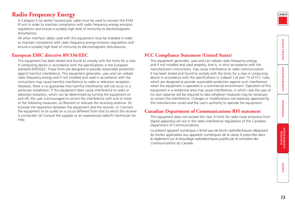 Radio frequency energy, Radio frequency energy statements | Lindy Switch User Manual | Page 73 / 76