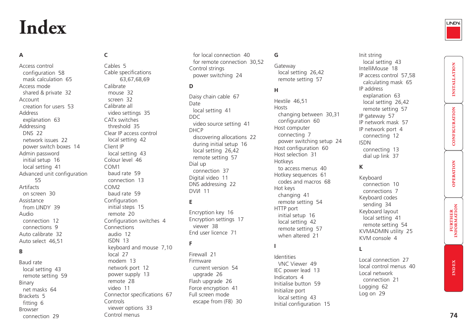 Index, K / m, Wer contr | Computer / kvma switch | Lindy Switch User Manual | Page 75 / 76