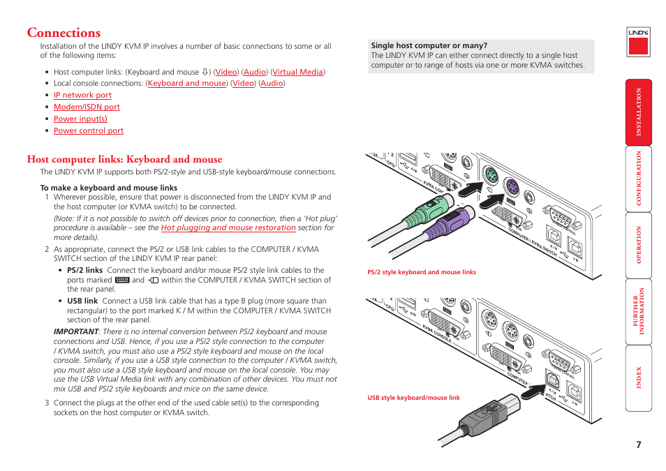 Connections, Host computer links: keyboard and mouse | Lindy Switch User Manual | Page 8 / 76