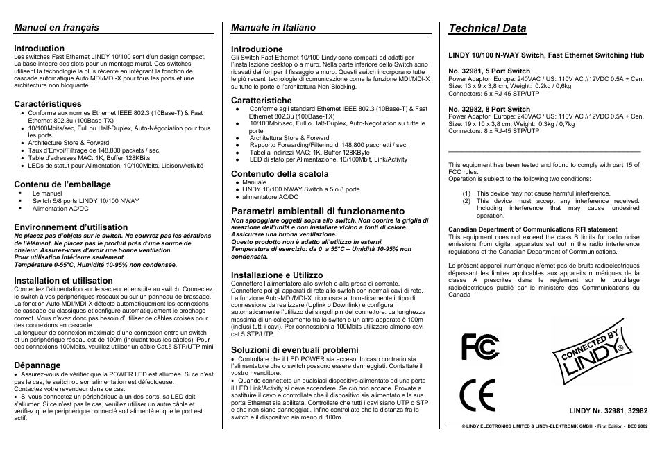 Technical data, Manuel en français, Manuale in italiano | Parametri ambientali di funzionamento | Lindy 32982 User Manual | Page 2 / 2