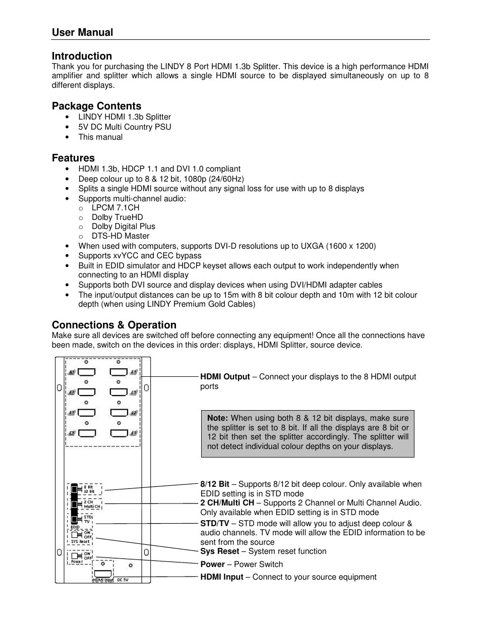 User manual, Introduction, Package contents | Features, Connections & operation | Lindy 38040 User Manual | Page 2 / 4