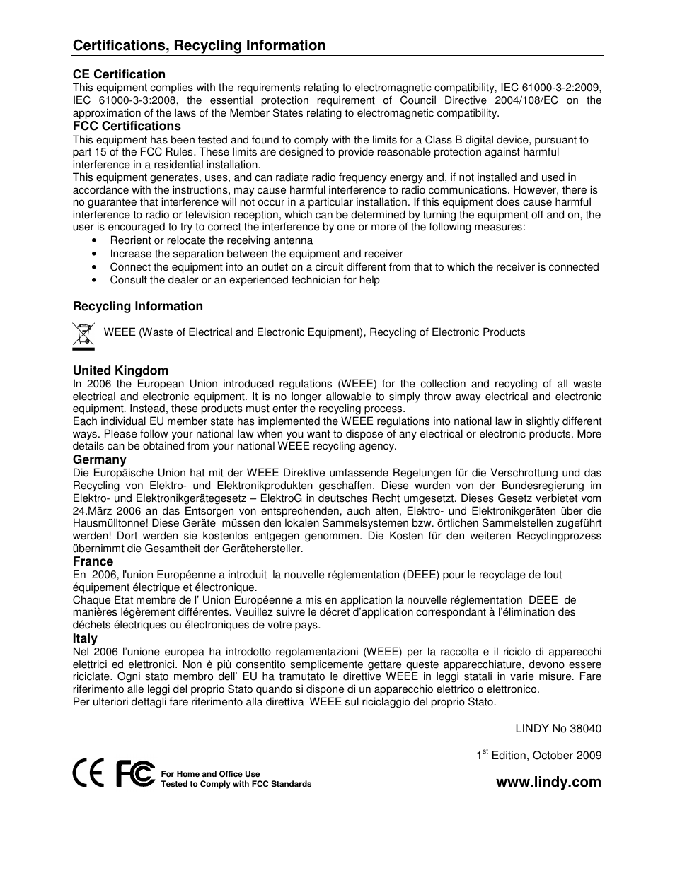 Certifications, recycling information | Lindy 38040 User Manual | Page 4 / 4