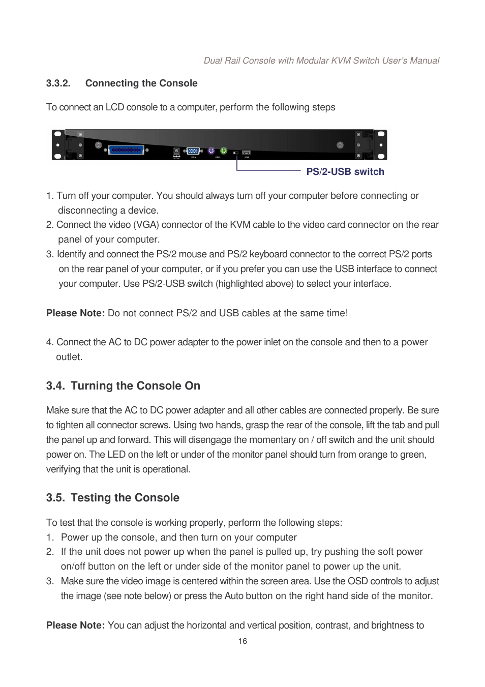 Turning the console on, Testing the console | Lindy Dual Rail Modular KVM Console Switch User Manual | Page 17 / 20