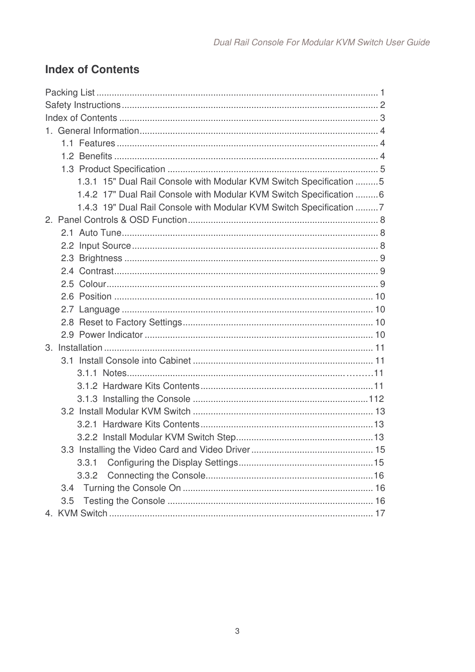 Index of contents | Lindy Dual Rail Modular KVM Console Switch User Manual | Page 4 / 20