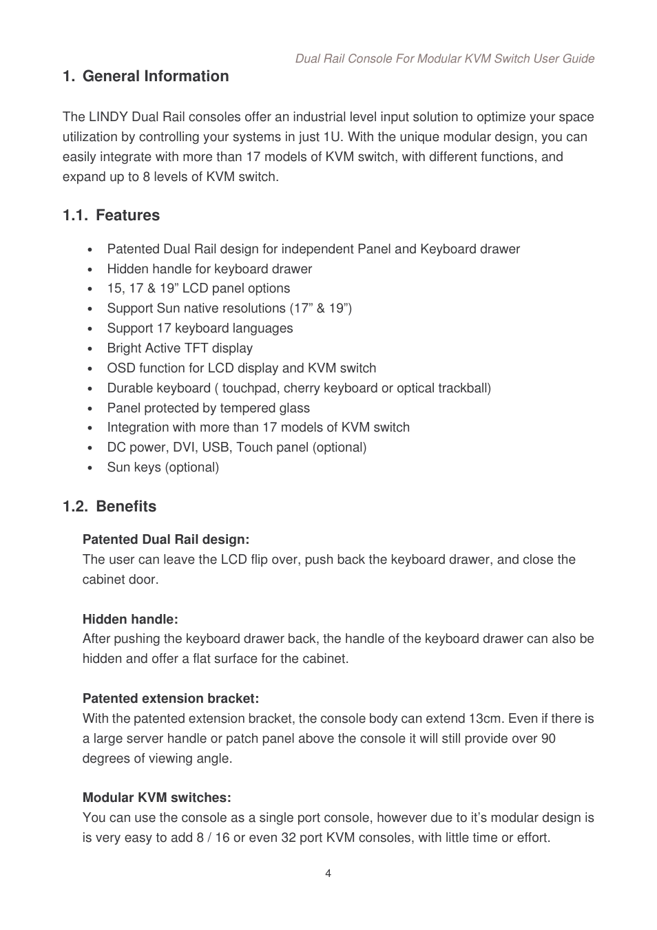 General information, Features, Benefits | Lindy Dual Rail Modular KVM Console Switch User Manual | Page 5 / 20