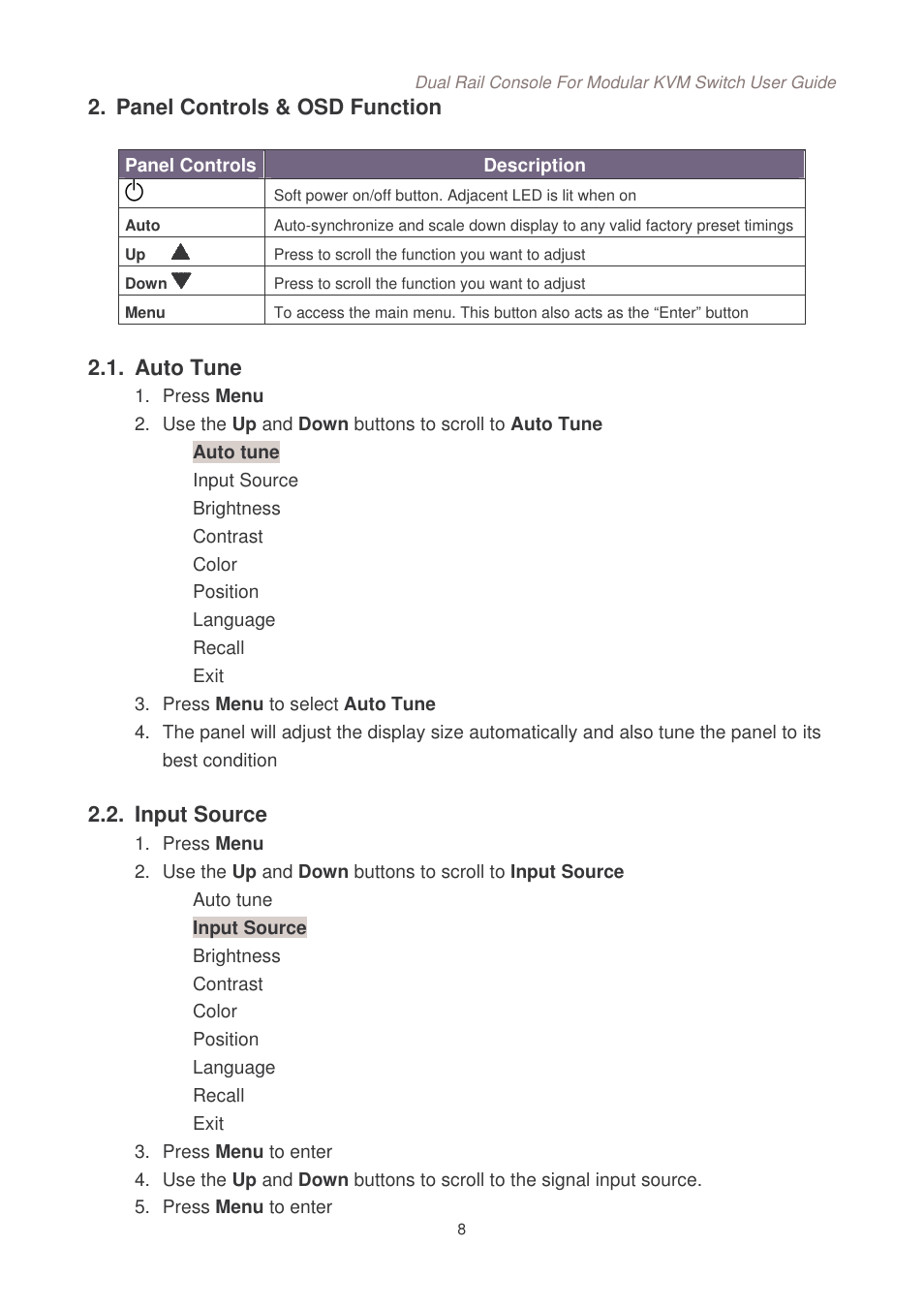 Panel controls & osd function, Auto tune, Input source | Lindy Dual Rail Modular KVM Console Switch User Manual | Page 9 / 20