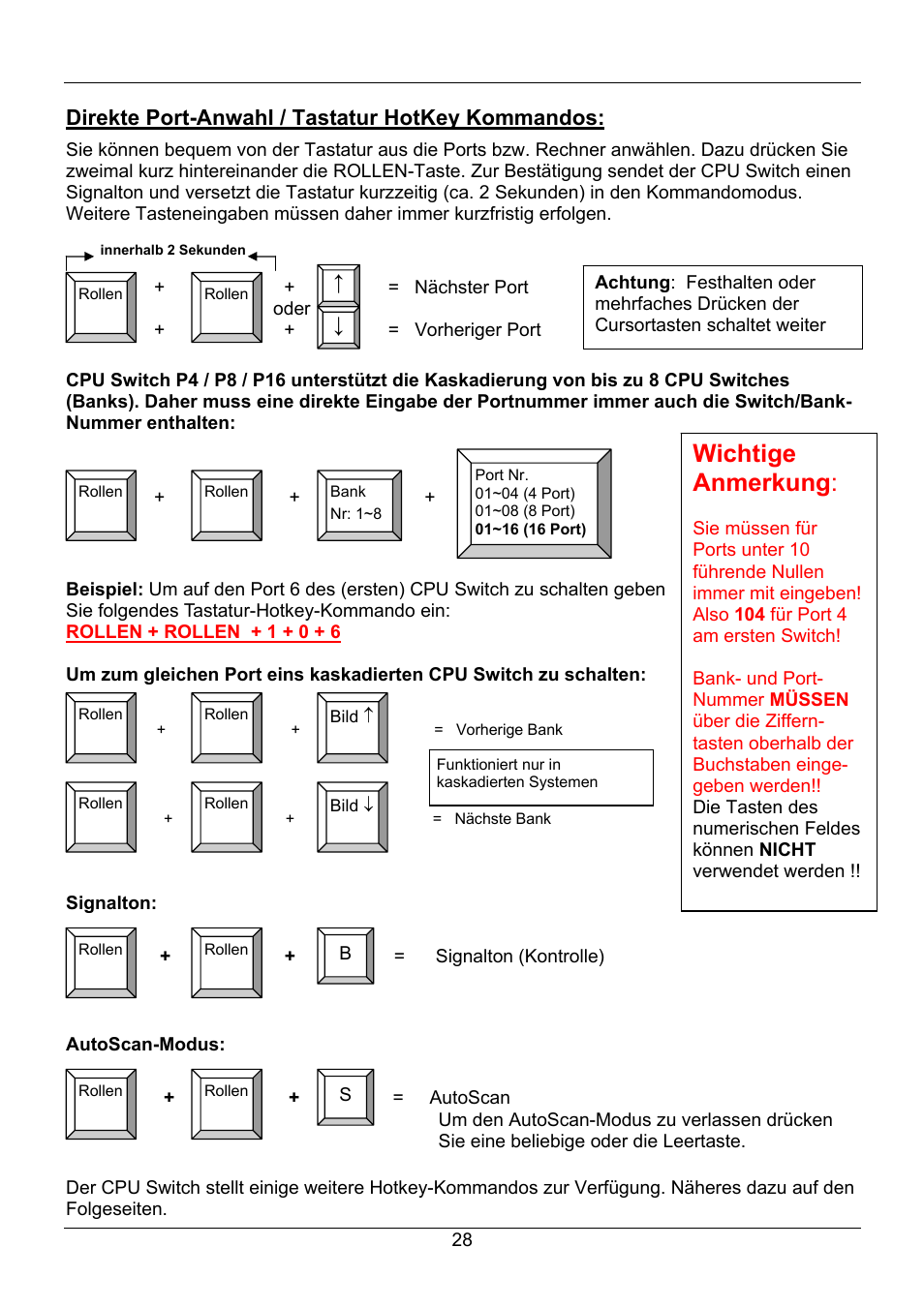 Wichtige anmerkung, Deutsches handbuch, Direkte port-anwahl / tastatur hotkey kommandos | Lindy 32505 User Manual | Page 30 / 71