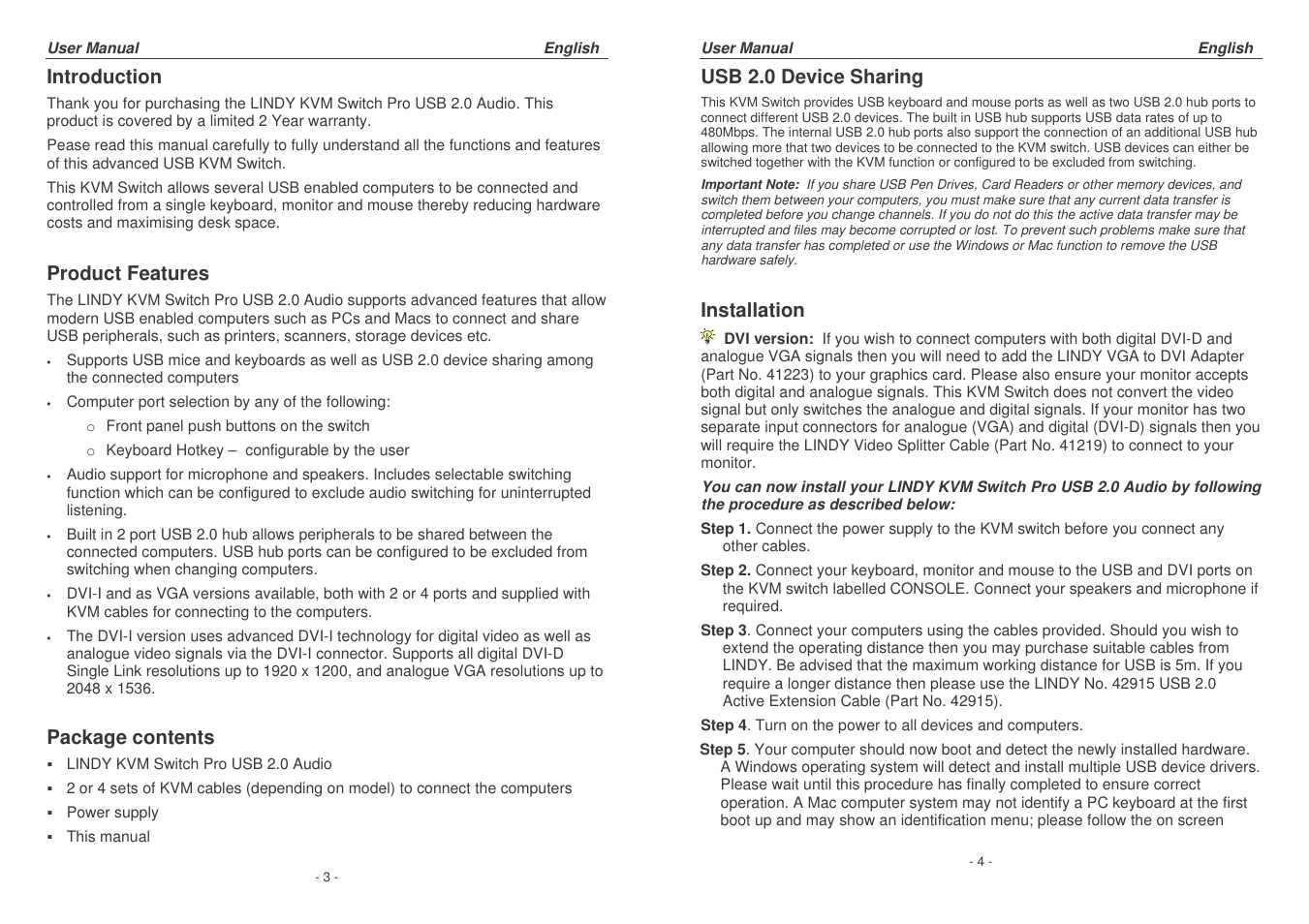Introduction, Product features, Package contents | Usb 2.0 device sharing, Installation | Lindy 32320 User Manual | Page 2 / 12
