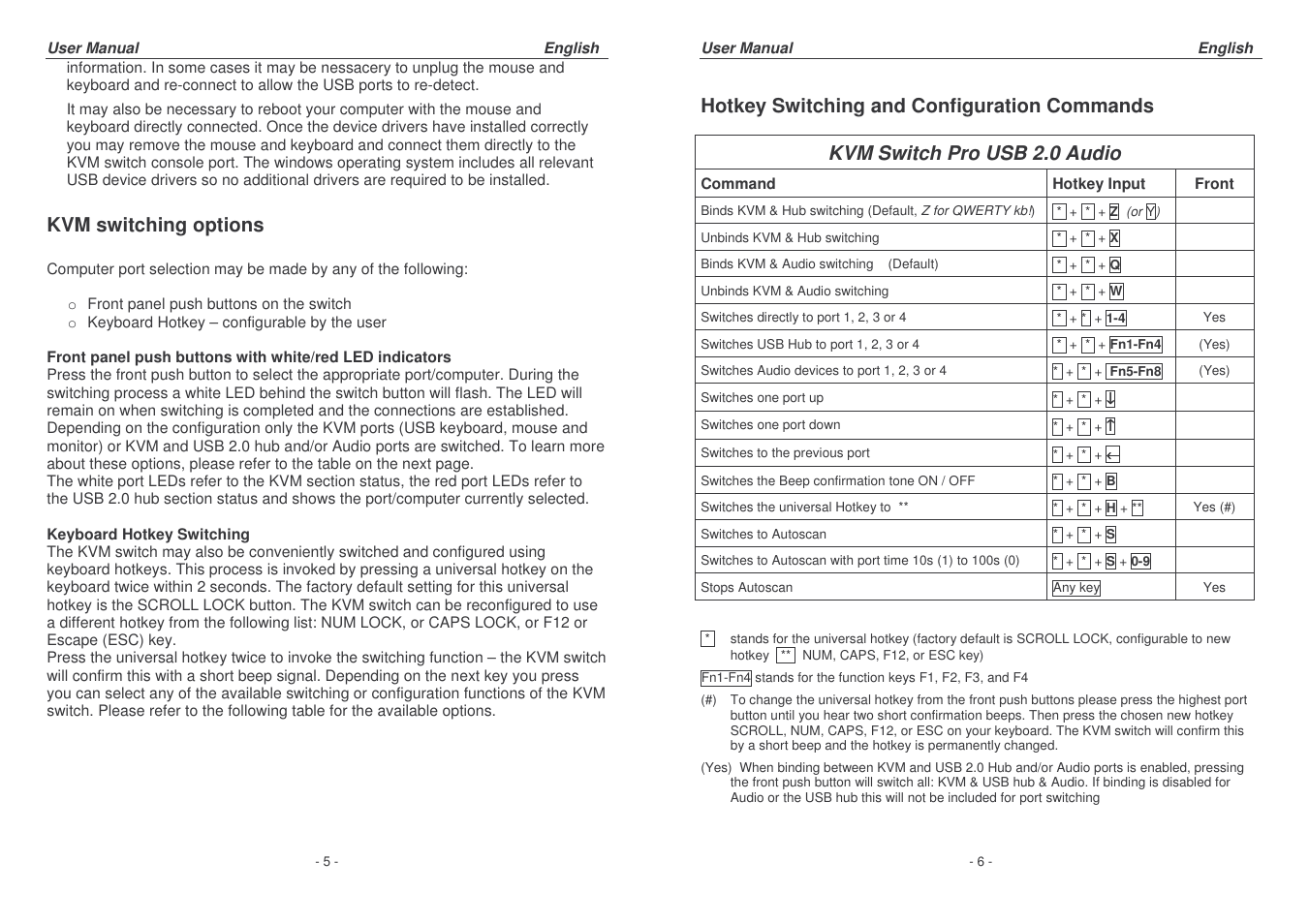Kvm switching options, Hotkey switching and configuration commands, Kvm switch pro usb 2.0 audio | Lindy 32320 User Manual | Page 3 / 12