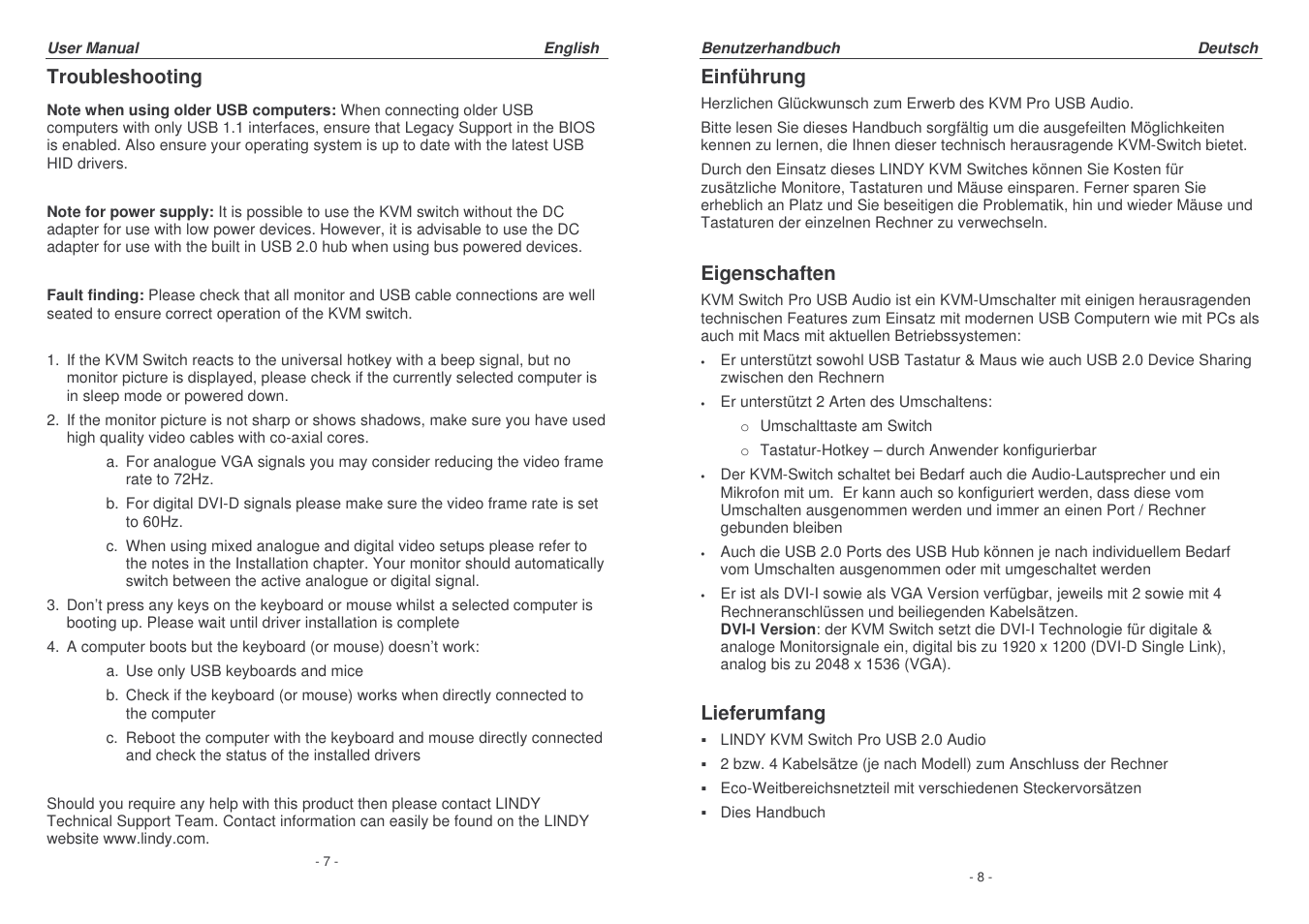 Troubleshooting, Einführung, Eigenschaften | Lieferumfang | Lindy 32320 User Manual | Page 4 / 12