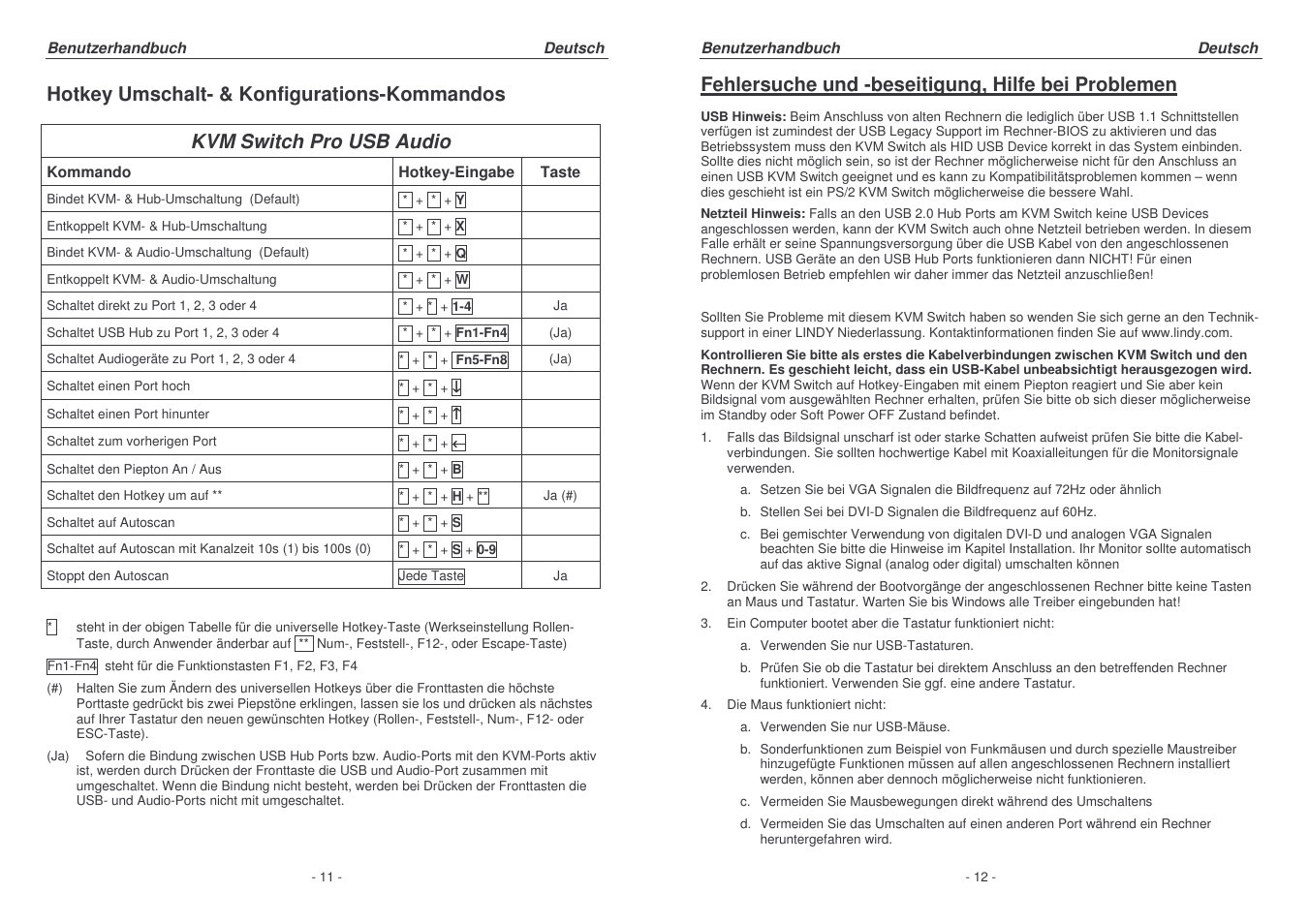 Hotkey umschalt- & konfigurations-kommandos, Kvm switch pro usb audio, Fehlersuche und -beseitigung, hilfe bei problemen | Lindy 32320 User Manual | Page 6 / 12