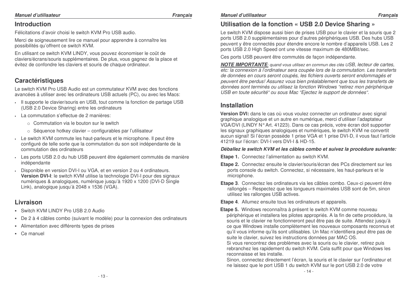 Introduction, Caractéristiques, Livraison | Installation | Lindy 32320 User Manual | Page 7 / 12