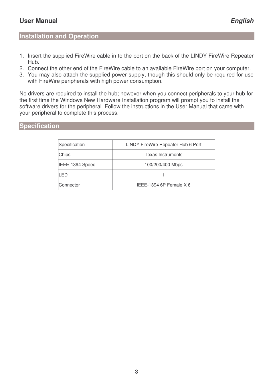 User manual english, Installation and operation, Specification | Lindy 32916 User Manual | Page 3 / 4