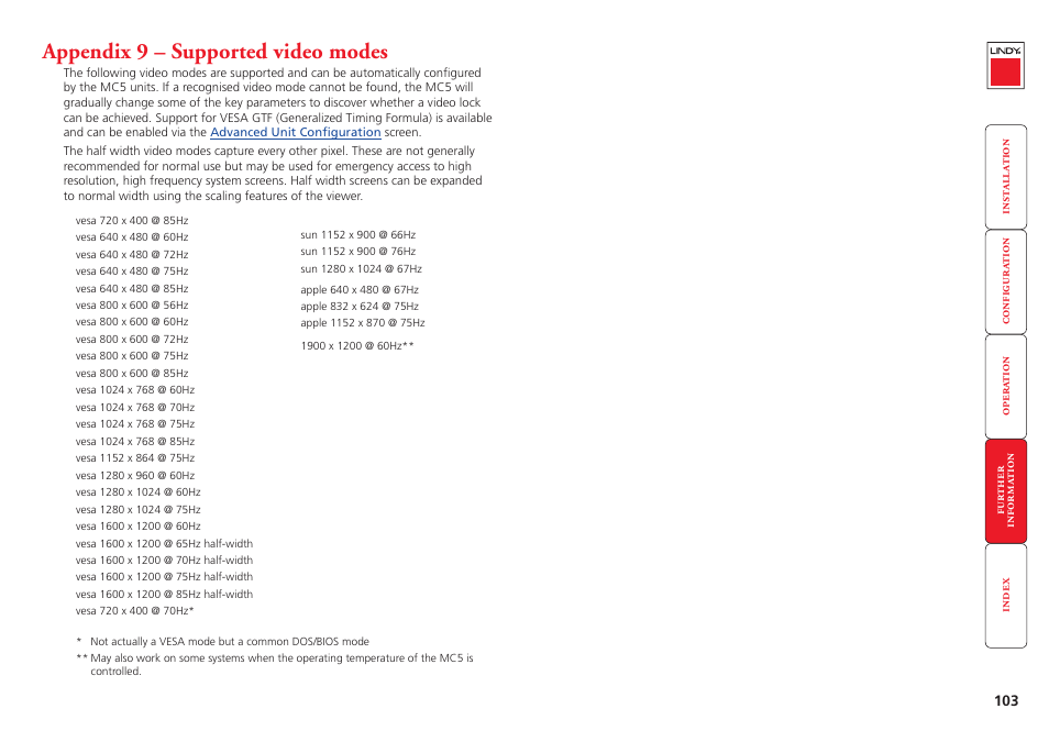 Appendix 9 – supported video modes, Supported video modes, Appendix 9 | Lindy MC5-IP User Manual | Page 104 / 111