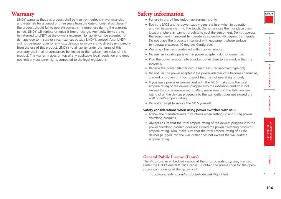 Warranty, Safety information, 104 safety information | Lindy MC5-IP User Manual | Page 105 / 111