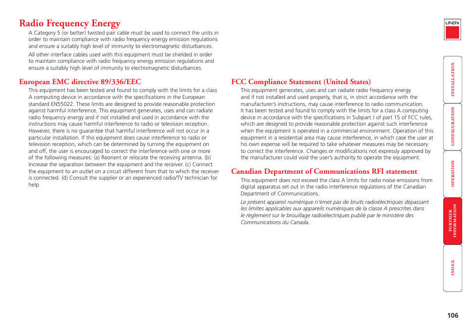 Radio frequency energy, Radio frequency energy statements | Lindy MC5-IP User Manual | Page 107 / 111
