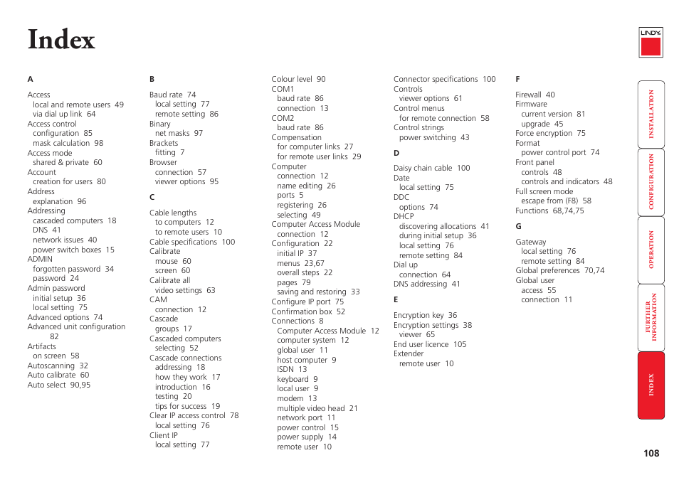 Index | Lindy MC5-IP User Manual | Page 109 / 111