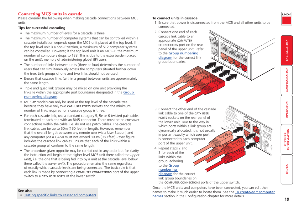 Connecting mc5 units in cascade, Boundaries shown opposite - see, Tips for successful cascading | Lindy MC5-IP User Manual | Page 20 / 111