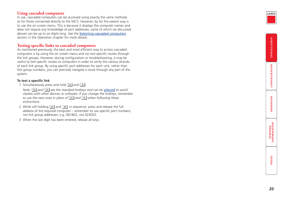 Using cascaded computers, Testing specific links to cascaded computers, 20 testing specific links to cascaded computers | Lindy MC5-IP User Manual | Page 21 / 111