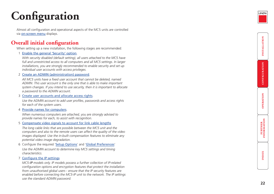 Configuration, Overall initial configuration | Lindy MC5-IP User Manual | Page 23 / 111