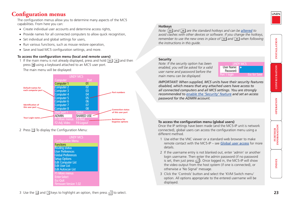 Configuration menus, On-screen menu, Displays | Lindy MC5-IP User Manual | Page 24 / 111